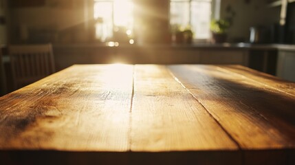 A smooth wooden table with a shiny surface, with a vintage kitchen blurred behind it, sunlight streaming through