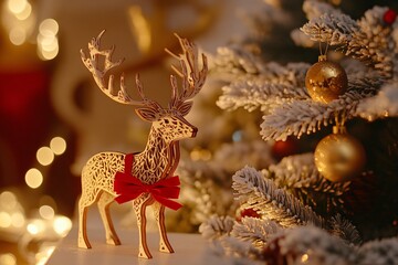 Fototapeta premium A close-up of a wooden deer ornament with detailed carvings and red ribbons, on a white table near a frosted Christmas tree, glowing warm lights, luxury interior 2