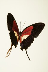 A close-up photo of a black and red butterfly sitting on a white background, highlighting its unique colors and patterns