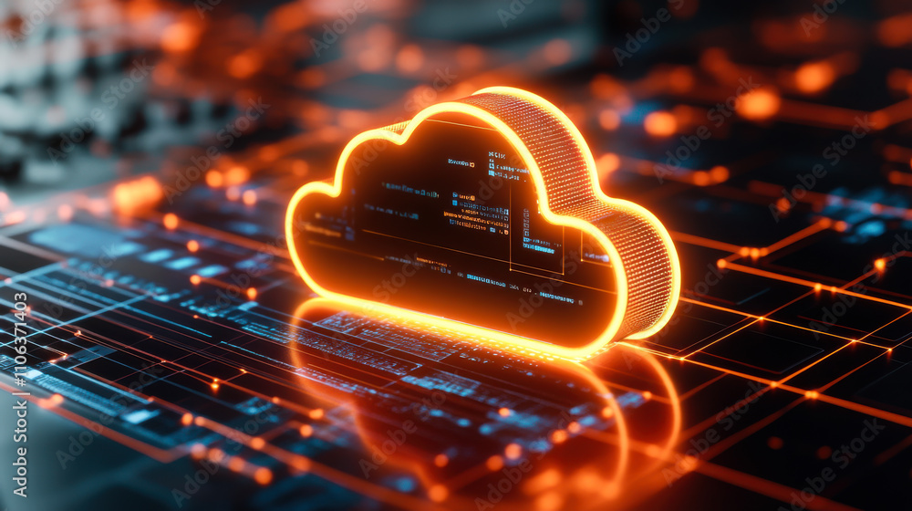 Poster conceptual representation of cloud computing technology with illuminated graphics showcasing data in