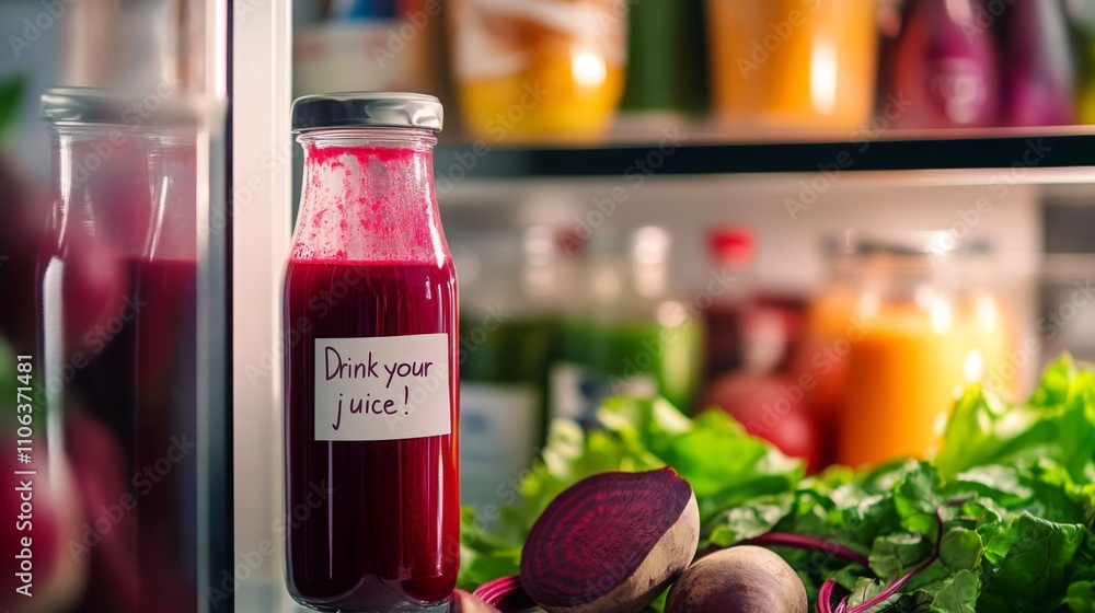 Aufkleber A bottle of vibrant juice sits in a fridge with a note encouraging to drink it. Fresh vegetables like beets are arranged nearby, showcasing a colorful selection of healthy drinks.