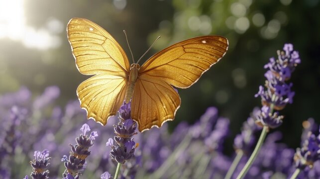 A close-up shot of a butterfly perched on the center of a vibrant purple flower
