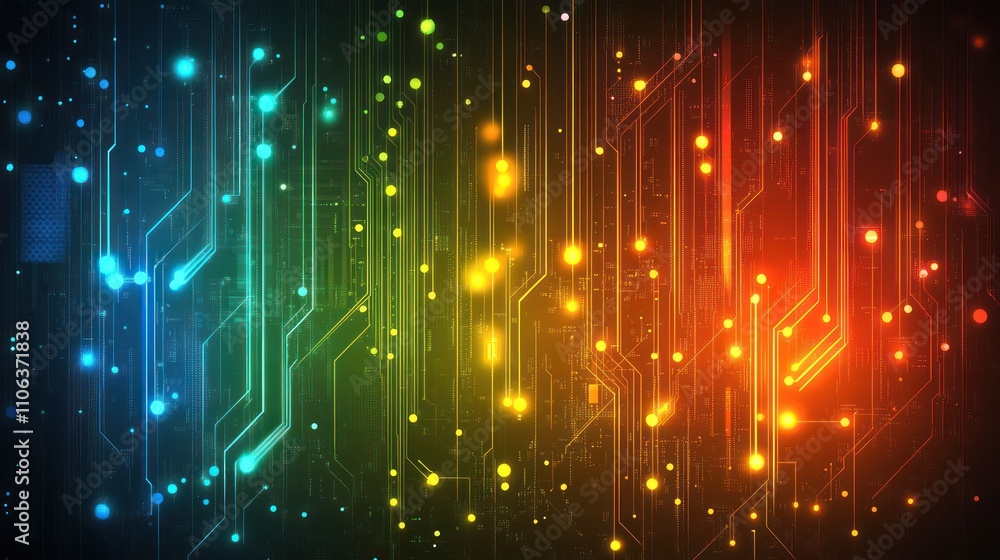 Poster abstract digital rainbow circuitry: glowing lines and nodes