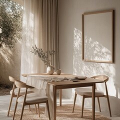 A table with a white cloth and four chairs around it. A vase with flowers on the table