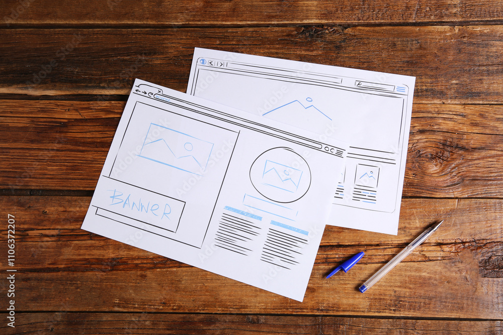 Aufkleber developing ui design. sketches of website wireframes and pen on wooden table, top view