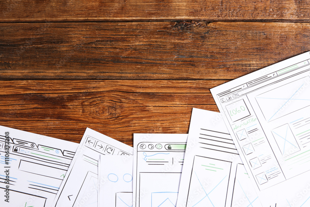 Aufkleber developing ui design. sketches of website wireframes on wooden table, top view