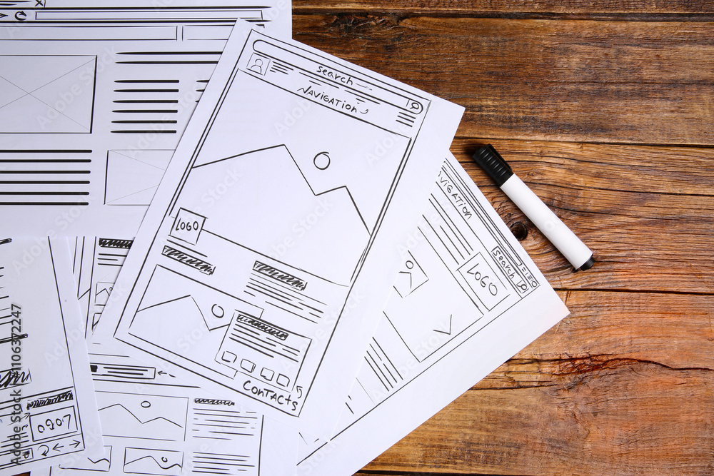 Aufkleber developing ui design. sketches of website wireframes and felt pen on wooden table, top view