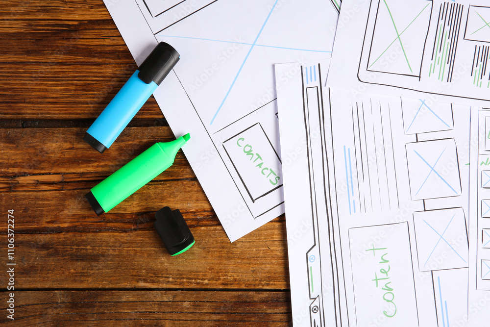Poster developing ui design. sketches of website wireframes and felt pens on wooden table, top view