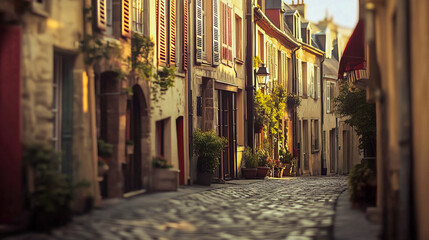 Obraz premium Charming cobblestone street in quaint european village at sunrise
