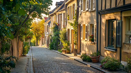 Obraz premium Charming cobblestone street with historic houses in a serene european village