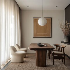 A table with two chairs and a lamp hanging from the ceiling. A framed picture hangs on the wall