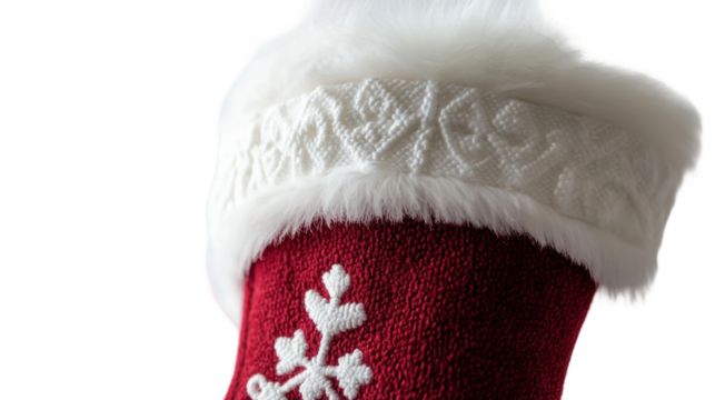 Christmas stocking with white fur and decorations on transparent background