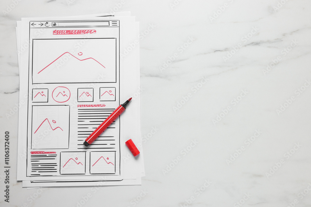 Poster developing ui design. sketches of website wireframes and felt pen on white marble table, top view. s