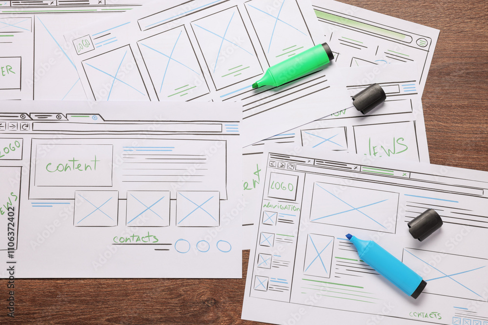 Poster developing ui design. sketches of website wireframes and felt pens on wooden table, top view