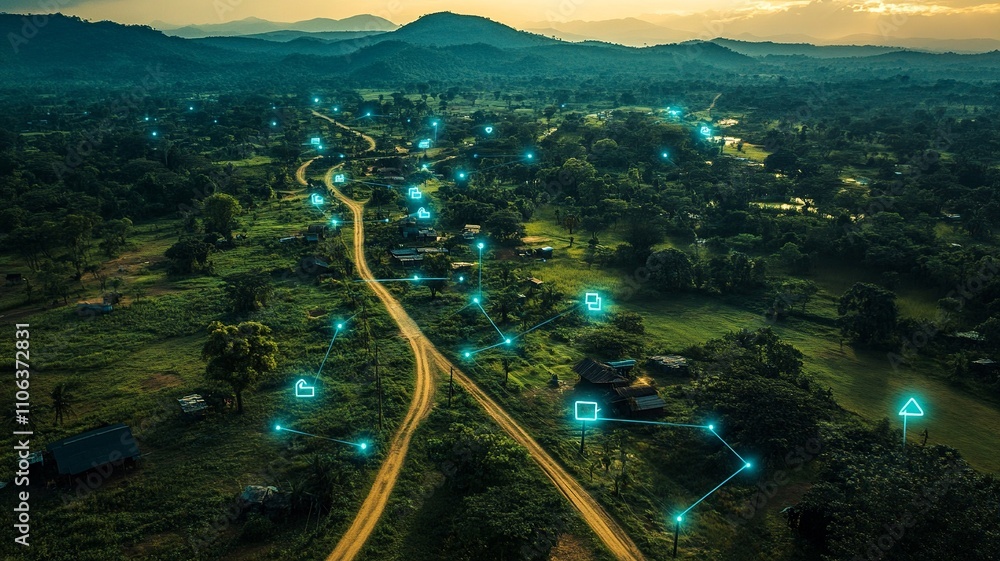 Poster this aerial image highlights land with network markers outlining disaster-resilient infrastructure a