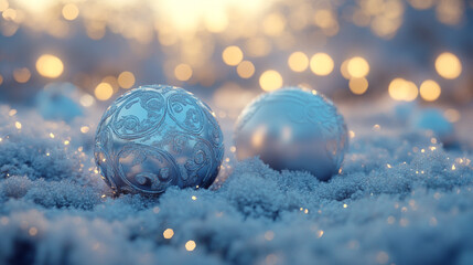 Festive Silver Christmas Ornaments in Snowy Winter Scene