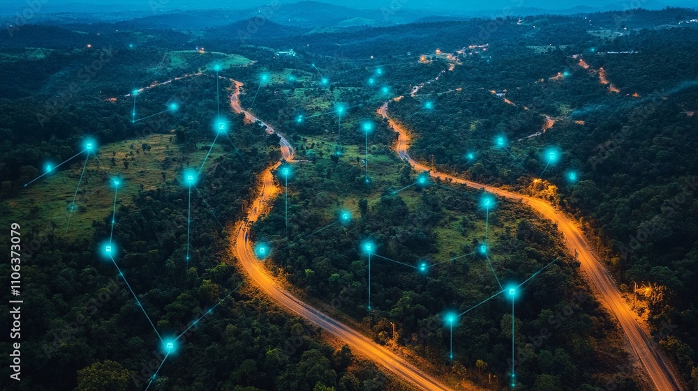 Poster this aerial image highlights land with network markers outlining disaster-resilient infrastructure a