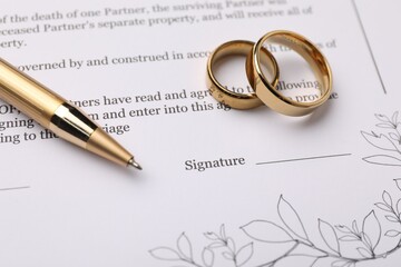 Marriage contract, pen and golden rings, closeup