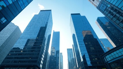 Naklejka premium Modern skyscrapers rise towards the blue sky in a bustling urban landscape at sunrise