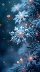 Christmas and new year design. Snowflakes and falling snow on the background of winter spruce tree. Screen background