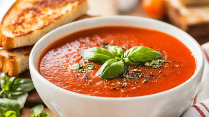 A bowl of creamy tomato soup garnished with fresh basil served with a grilled cheese sandwich.