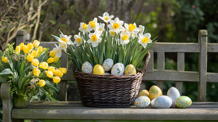 A basket of freshly picked daffodils and tulips beside a pile of painted Easter eggs on a wooden bench.