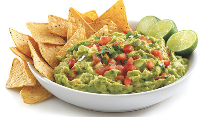 A bowl of fresh guacamole with crispy tortilla chips and sliced limes on the side.