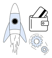 Rocket launching into space, wallet with credit card, and interconnected gears. Ideal for financial growth, technology, innovation, startup success, business strategy investment and progress. Line