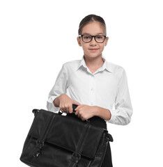 Girl with glasses and bag pretending to be accountant on white background. Dreaming of future...