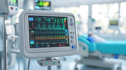 concept health warning Prevention monitoring. Medical monitor displaying vital signs in a hospital setting.