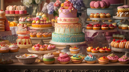 An 18th-century French patisserie showcasing elaborate cakes tarts and colorful macarons in a grand display.