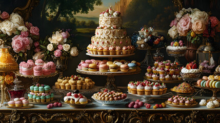 Naklejka premium An 18th-century French patisserie showcasing elaborate cakes tarts and colorful macarons in a grand display.