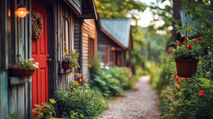 Charming rustic village pathway with vibrant flowers and cozy wooden houses