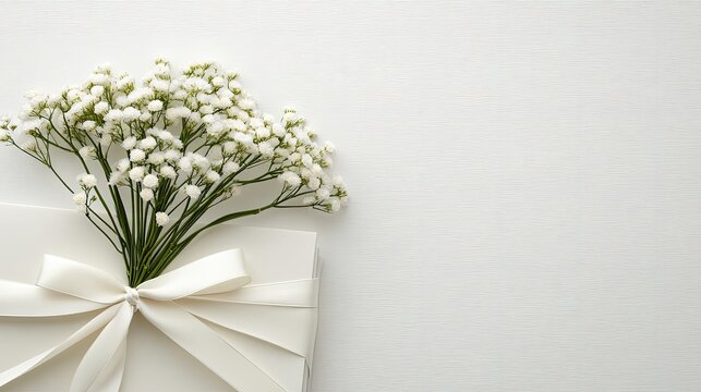 High-resolution wedding invitation featuring a white background, simple ribbon, and delicate flowers enhancing the minimalist style