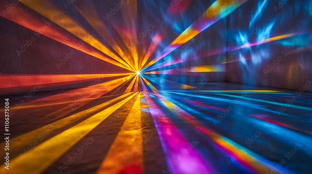Poster vibrant multicolored light rays creating dynamic patterns on a wall