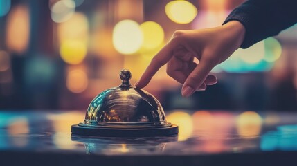 Hand finger touching service bell on desk.