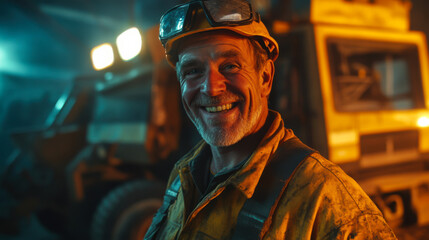 Obraz premium A smiling construction worker wearing a hard hat and safety vest at a bustling construction site in the afternoon sunlight