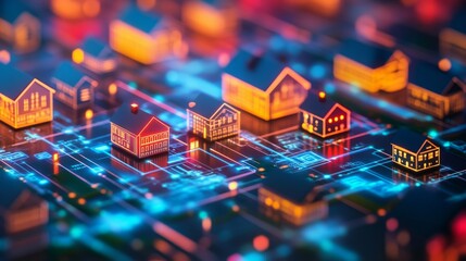 A vibrant depiction of miniature houses overlaid on a digital grid, representing the influence of artificial intelligence in the real estate sector.