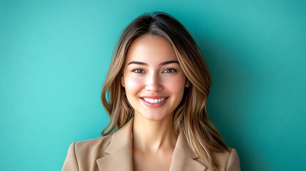 Caucasian young female smiling against teal background in beige blazer