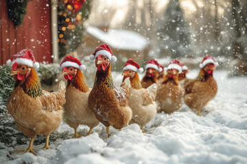 Braungefiederte Hühner mit Santa Claus Mütze stehen in verschneiter Landschaft. Geflügelmotiv erzeugt mit Generative AI.