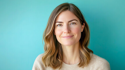 Fototapeta premium Young caucasian female smiling against blue background