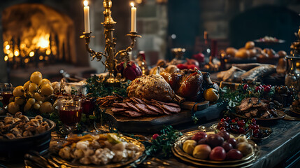 An ornate medieval feast in a grand hall featuring roasted meats fruits and goblets of wine.