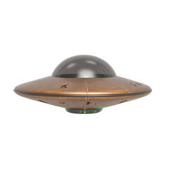Futuristic UFO with metallic bronze body and green base light on white background