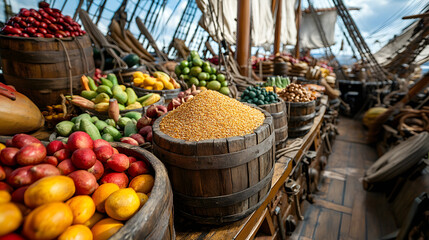 A 16th-century explorers ship carrying barrels of spices sacks of rice and exotic fruits.