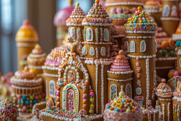 Naklejka premium A large group of gingerbread houses with lots of candy on top of them