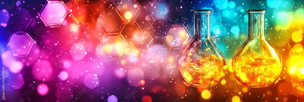 Aufkleber colorful abstract science background with two beakers filled with liquid on a sparkling backdrop