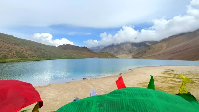 View of chandratal lake and himalayan mountains at chandratal in lahaul and spiti himachal pradesh, India.