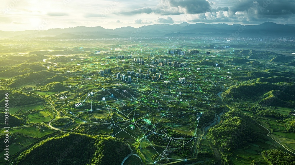 Poster this aerial image highlights land with network markers outlining disaster-resilient infrastructure a