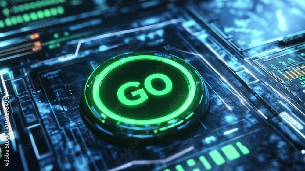 Poster dynamic abstract background featuring glowing green button in futuristic digital environment