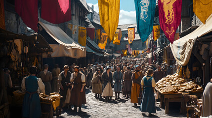 A bustling medieval fair with vendors selling pies roasted nuts and fresh bread amidst colorful banners.